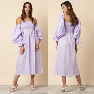 Sleeper Atlanta Linen Smocked Midi Dress Lavendar Lilac Puff Sleeve Womens XL